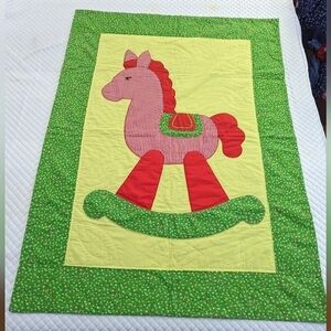 Handmade Green Rocky Horse Quilt Baby Blanket 38"X52.5" Floral